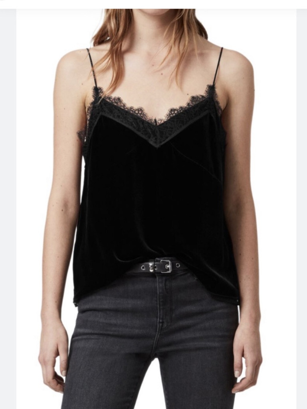 AllSaints Black Velvet Lace-Trim Spaghetti Strap Cami